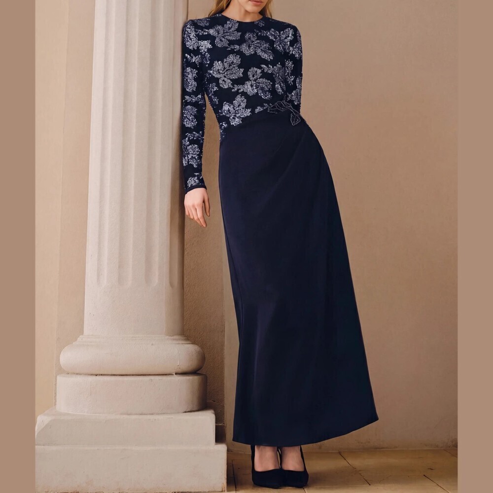 Navy Sequin Floral Long Sleeve Round Neck Slim Fit Maxi Dress